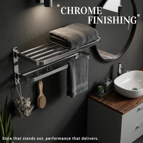 Image of GLOXY Premium SS 304 Towel Rack 24 Inch in Bathroom - Wall Mounted Foldable Towel Holder with Multipurpose Hooks - Chrome Finish Towel Hanger for Towels & Clothes - Bathroom Fittings Accessories