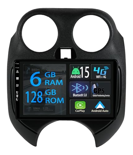 【6+128GB】 Keconsing Autorradio Android 15 de 9 Pulgadas Radio para Nissan March Micra 2010-2017 Carplay Car Play inalámbrico Navi Pantalla Bluetooth Navegación Reproductor Estéreo Pantalla táctil