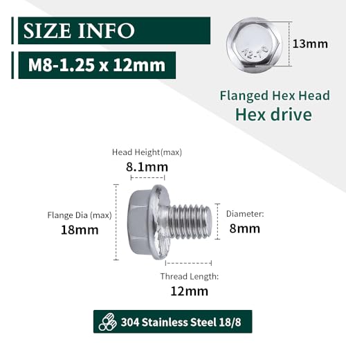 Image of M8-1.25 x 12mm Hex Flange Bolt (0.47 inch Thread Length), DIN6921, Serrated Locking Flange, 304 Stainless Steel, UNC Full Thread, 20-Pack