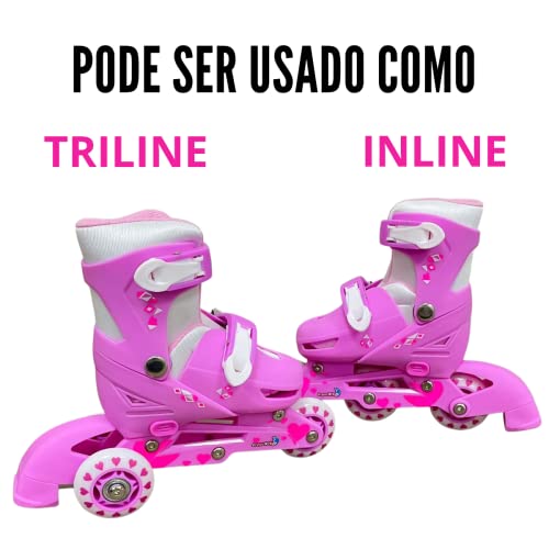Patins 3 Rodas 2 em 1 Rosa com Kit Proteção Tamanho P, Importway