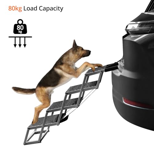 QWORK® 4-Stufen Klappbar Hundetreppe Auto, Anti-Rutsch Einstiegshilfe Auto für Kleine & Große Hunde - Höhenverstellbar 64cm, bis 80kg Belastbar