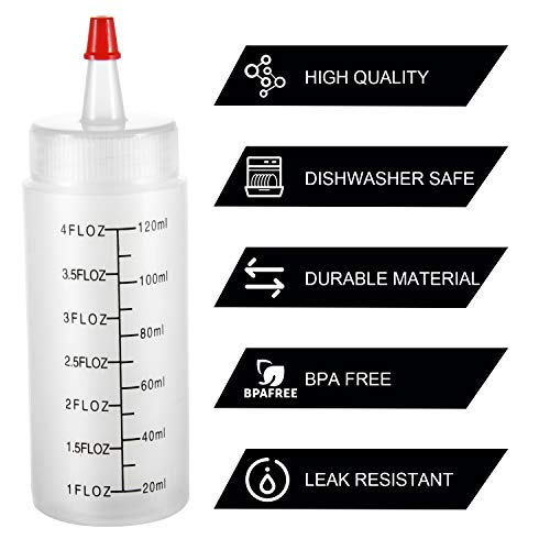 Condiment Squeeze Bottles, OAMCEG 22-Pack 4oz Durable Plastic Squeeze Squirt Bottle with Red Tip Cap and Discrete Measurements - for Ketchup, BBQ, Sauces, Syrup, Condiments, Dressings, Paint, and More