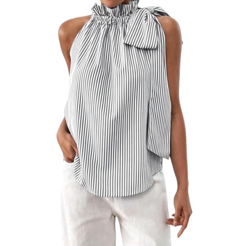 Blouse sans manches à rayures pour femme avec volants chic et élégant col à nœud