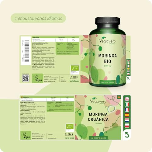 BIO Moringa Oleifera PURA | Dosis Alta: 2000 mg | 180 Comprimidos | SUPERFOOD: Proteínas, Vitaminas, Minerales y Omega 3 | Antioxidante | Vegana | Superalimentos | Vegavero