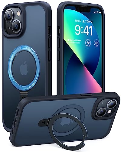 Torras Magnetic Shockproof For Iphone 13 Case/Iphone 14 Case, [Exceed 3X Mil-Grade Drop Protection][Compatible With Magsafe] Built-In Foldable Stand Slim Yet Protective Phone Cover, Translucent Black #TOP14