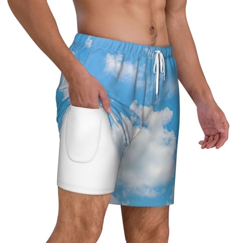 Blue Sky White Cloud Print Mens Swim Trunks Quick Dry Board Shorts Mesh Lining, Breathable Beach Surf Shorts3
