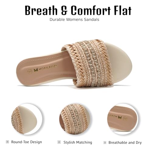 Women's Flat Sandals Braided Strap with Rhinestone Slides With Soft Memory Foam Insole, Beach Leather Slippers Footwear for Summer Vacation3
