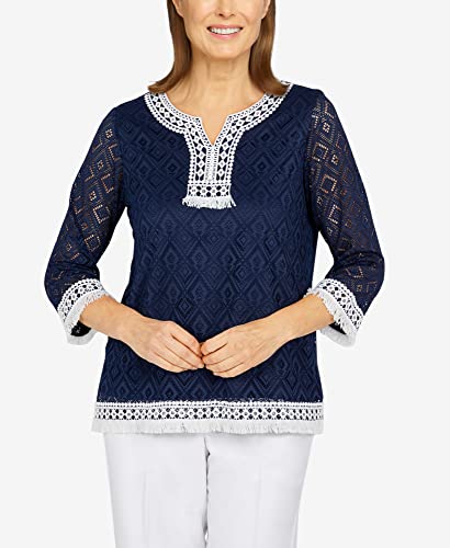Image of Alfred Dunner Women's Petite Lace Fringe Diamond Textured Knit Top