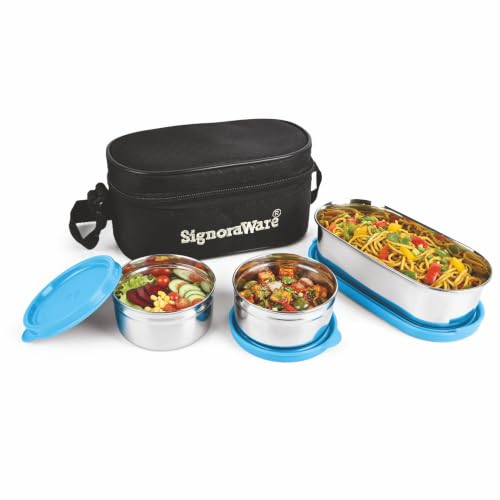 Image of SignoraWare Mini Double Decker Stainless Steel Lunch Box,(225ml+225ml+450ml, Blue), Dishwasher Safe, Retains Freshness & Quality, Best for Office Executives & Students, Picnics and Outings