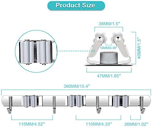 Yosoo Health Gear Broom Mop Holder Tidy Organizer, Stainless Steel Wall Mounted Organizer with 3 Position 4 Hooks, 2 Pack Heavy Duty Tool Organizer for Brush Mop and Broom Tool Storage Garage Kitchen