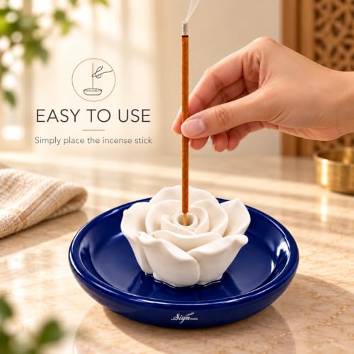 Image of SIGNAMIO Ceramic Agarbatti Incense Stick Stand Holder - Flower Blue