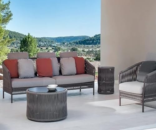 Image of 5 Seater Outdoor Weaving Rope & 2 Table with Glass Patio Furniture Set,Waterproof Outdoor Sofa Seating Sturdy Powder-Coated Iron Frame Conversation Set for Balcony,Backyard,Lawn,Garden(Grey)