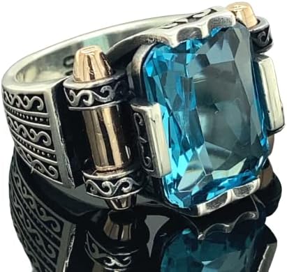 Man Silver Aquamarine Stone Ring, Blue Aquamarine Stone Ring, Vintage Men Ring, Turkısh Ottoman Men Ring, 925k Sterling Silver Ring