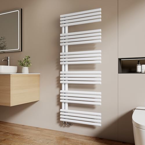 EMKE Runde Rohre Badheizkörper 153 x 60 cm, Handtuchheizkörper Seitenanschluss Badheizkörper Handtuchhalter Handtuchwärmer Handtuchtrockner Handtuch Heizkörper Bad Weiß 933W