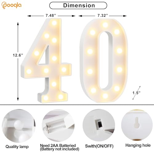 Image of Pooqla 40th Birthday Decorations for Women Men, Large 12.6 in Tall Light Up Numbers for Party Decorations Table Decor, Big Marquee Numbers 40th Birthday Gift for Women Men Wedding Anniversary Decor