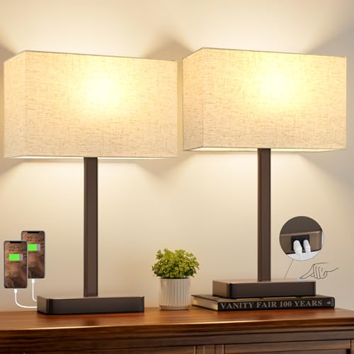 Touch Lamps for Bedroom Set of 2, Dimmable White& Brown Bedside Table Lamp