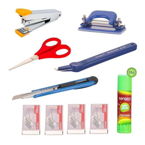 Image of Office Stationery Set with HD-10 Stapler, 52 - Paper Punch, KS -152 Scissors, SR - 100 Staple Remover, MP- 9 Cutter, Glue Stick (15g), 4 Staples Pin Boxes, (10 Pcs). Assorted Color