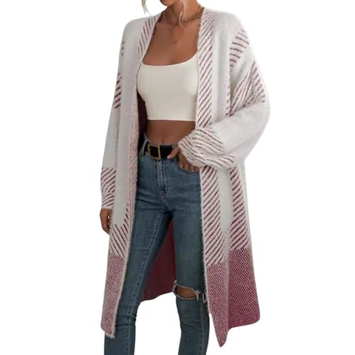 Image of chouyatou Women's Color Block Striped Fuzzy Long Cardigan Sweaters Open Front Diagonal Stripe Knit Cardigan Jacket Coat