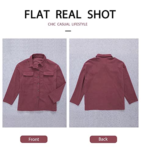 Zolucky Womens Corduroy Jacket Oversized Button Down Long Sleeve Pink Shacket Fall Shacket For Women, Jujube Medium #TOP3