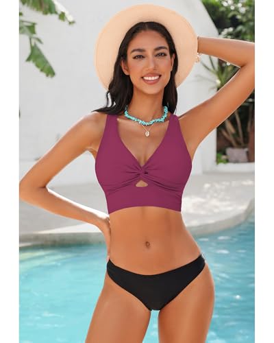 Image of GRAPENT Bikini Tops for Women Cropped StrapCore Tankini Tops Beach Padded Knot Twist Cut Out Adjustable Swimwear Top Only