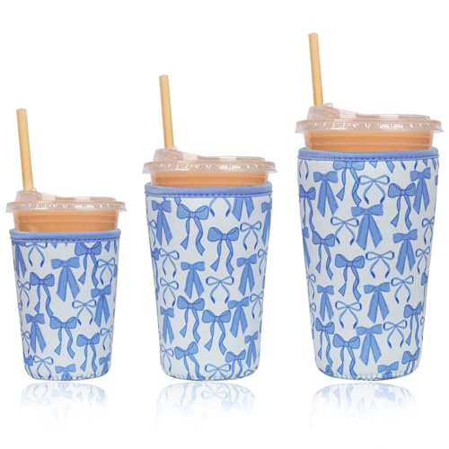 Image of Reusable Insulated Neoprene Iced Coffee Cup Sleeve, Durable Drink Sleeve for Cold Beverages, Beverage Holder for Iced Coffee, Blue Bows