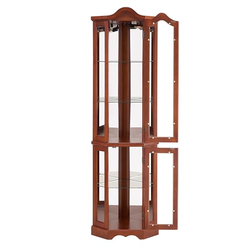 Havemies 5-Tier Corner Curio Cabinet with Light System and Adjustable Tempered Glass Shelves,Mirrored Back Display Cabinet for Living Room,Dining Room,Home Office(E26 Light Bulb not Included)