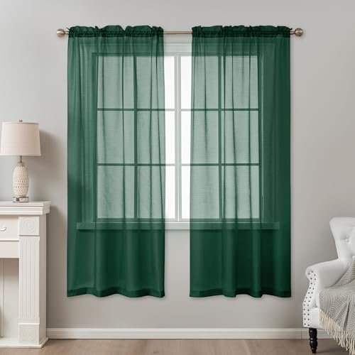 Image of Green Sheer Curtains 72 Inches Long, Privacy Semi Sheer Curtains for Living Room Bedroom, Light Filtering Rod Pocket Voile Window Drapes 2 Panels Set, Each 42 inch W x 72 inch L