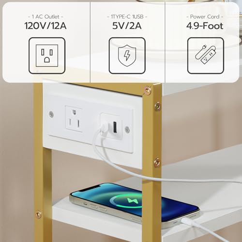 Image of HOOBRO Small Narrow Side Table with Charging Station, Skinny End Table for Small Spaces, Slim Nightstand with USB Ports Outlet, Sofa Beside Table with Storage Shelf, White and Gold DW102UBZ01
