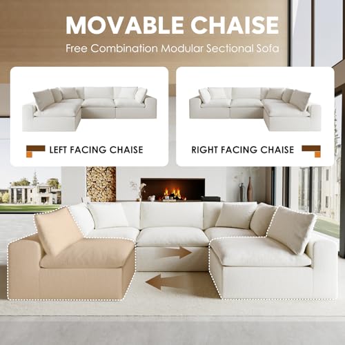 Image of 130 inch Oversized Cloud Couch, Modular L Shaped Sectional Sofa with Deep Seats, High Density Foam No Sag Support, No Assembly Required 4 Seater Washable Fabric Couch for Living Room, White