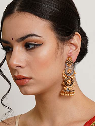Karatcart Gold Plated Antique Floral Design Grey Drop Earrings for Women - Image 2