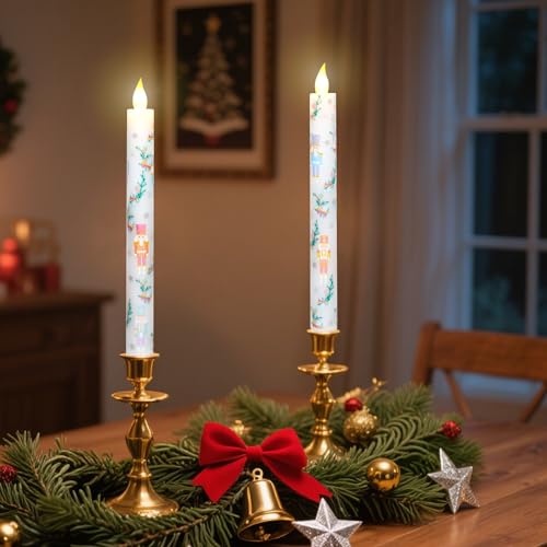 Image of Crystal Club Christmas Nutcracker Flameless Taper Candles with Remote & Timer, Battery Operated Taper Candles, Candy Colored Decal Real Wax Flickering LED Candlesticks for Holiday Christmas Home Decor