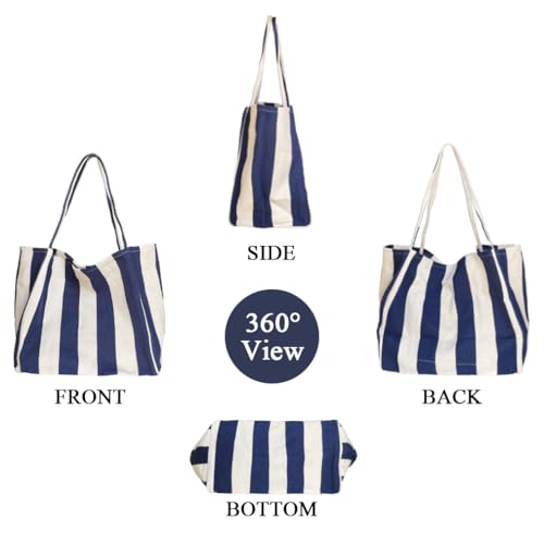 Image of Striped Canvas Tote Handbag for Women Vertical Stripe Large Capacity Shoulder Bag for Shopping Travel