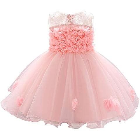 FYMNSI Blumenmädchen Baby Kleid Kleinkinder Tütü Prinzessin Partykleid Taufkleid Geburtstagskleid A-Linie Schleife Blumen Tüllkleid Ärmellos Sommerkleid Festliches Festkleid Rosa 6-12 Monate Cover