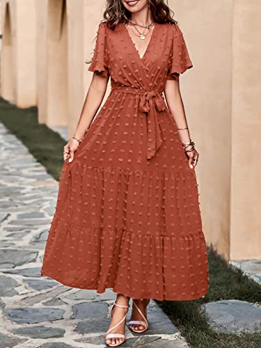 Image of MASCOMODA Women Boho Swiss Dot Maxi Dresses Wrap V Neck Flutter Short Sleeve Solid Tie Waist A Line Tiered Flowy Long Dresses