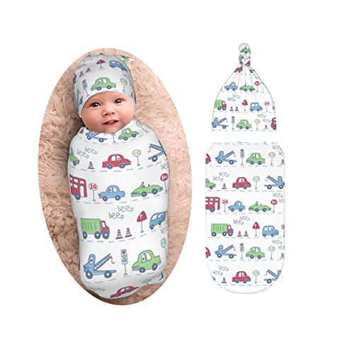 Image of Car Theme Newborn Swaddle Blanket with Beanie Set, Soft and Stretchy Receiving Blanket for Boy and Girl Shower Gifts
