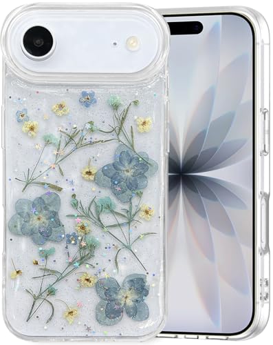 Coque iPhone Air fleurs bleues pressées transparentes et paillettes