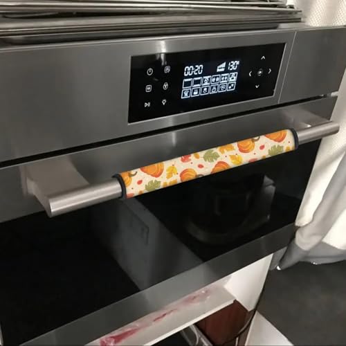 Image of Dreaweet Pumpkin and Maple Leaf Print Refrigerator Door Handle Covers Fall Kitchen Decor Fridge Handle Covers Set of 4 Washable Universal Fit Oven Microwave Dishwasher