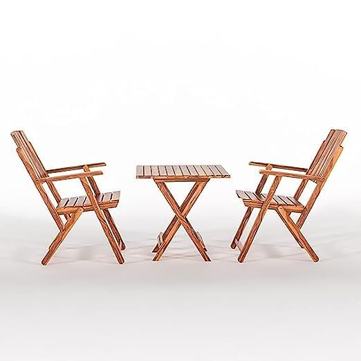 Image of Sheesham Wooden Portable Foldable 2 Seater Chair with Table Set Outdoor Balcony Garden Coffee Table Set Furniture with 1 Table and 2 Chairs Set (Brown)