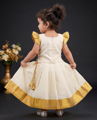 Image of Stanwells Kids Baby Girl Dress Cream Gold Pattu Pavadai Cotton Silk Lehenga Choli Kerala Kasavu South Indian Onam Festival Traditional Ethnic Wear