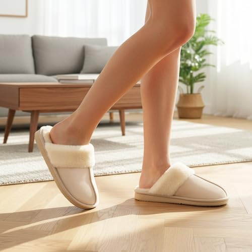 Image of OOW Fuzzy Slippers for Women Cozy Faux Fur House Shoes Memory Foam Slippers | Winter, Warm Slippers, Indoor and Outdoor