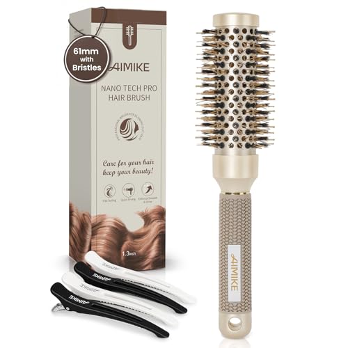 AIMIKE Round Hair Brush Nano Thermal Ceramic & Ionic Tech Round Brush for blow drying with Boar Bristles Barrel Brush for Styling Curling Add Volume & Shine (61mm Barrel 32mm)