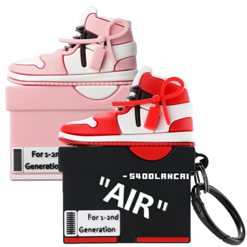 Image of [2Pack] Gedicht for Apple Airpods 2nd Generation Case Cover, Cute Cartoon Shoe Box Soft Silicone Protective Cases for AirPods 1&2 Case with Keychain for Women Men, Red+Pink