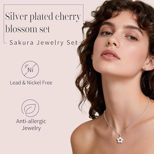KYNOX Flower Necklace Earrings Set for Women 14K Gold Plated Hypoallergenic Sets Pair with different birthstones for Wedding Party Bridal Bridesmaid Accessories (Silver, 18in, Green) — view 4