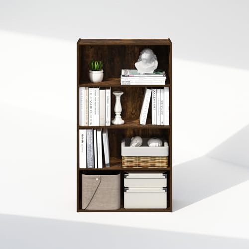 Image of Furinno Simple Book Shelf, 4-Tier Bookshelf, Bookcase with Open Shelf, 9.4 x 23.6 x 41.7, for Living Room, Bedroom, Home Office, Amber Pine