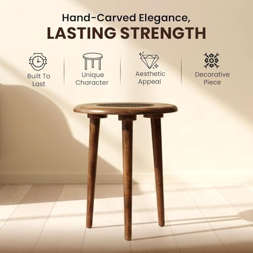 Image of VASIL MART Wooden Table with Three Legs A Modern Round Coffee Table and Side Table for Small Spaces with Pillar Coffee Table for Plants, Books, Magazines (VM-Carving Stool-7)