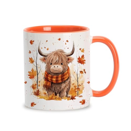 Hyturtle Fall Highland Cow Maple Leaves Coffee Mug - Birthday Gifts For Cow Lovers - Fall Autumn Decor Gifts For Farmhouse Thanksgiving - Highland Cows Gift - 11oz White Ceramic Coffee Tea Mug