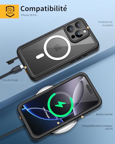 Coque antichoc iPhone 16 Pro intégrale étanche IP68 avec vitres écran et caméra intégrées