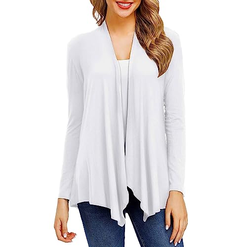 Cárdigan abierto con frente drapeado para mujer, casual, manga larga, ligero, suéter tipo cárdigan, 1A-blanco, L