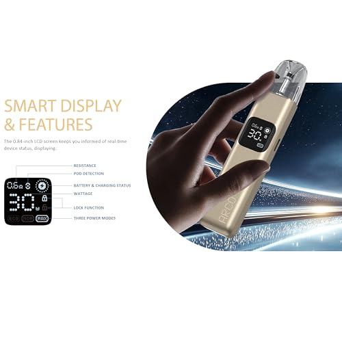 SMOK Arco Digi Pod System E Zigarette Kit 1300mAh Akku 5W30W Leistungsbereich 0.84 Zoll Display 3ml Nachfüll Pod Top Fill Type C Schnellladung Kompatibel Mit Arco Pod Cartridge Ohne Nikotin Schwarz