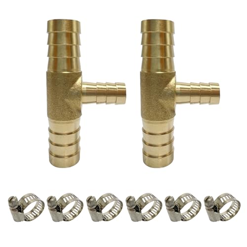 Corinth Closmos 2Pcs Brass Hose Barb Reducer Tee Reducing T-Fitting, 1/2 Inch Barbed X 1/4 Inch Barbed X 1/2 Inch Barbed 3 Ways Connector With 6Pcs Hose Clamp cover